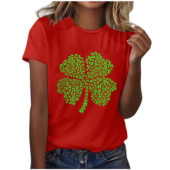 Felirenzacia Women's St. Patrick's Day Heart Shamrock Graphic T-Shirt Casual Crew Neck Short Sleeve Tee Red,S