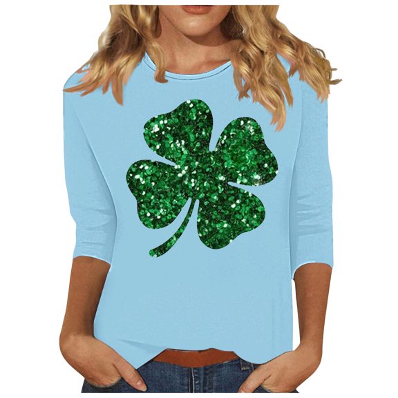 Felirenzacia Women’s St. Patrick’s Day Undershirt 3/4 Sleeve Sweatshirt Baseball Style Clover Graphic Pullover Top, Light Blue,2XL