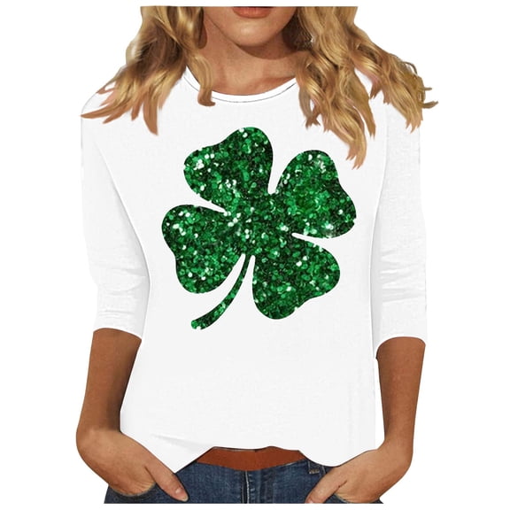 Felirenzacia Women’s St. Patrick’s Day Undershirt 3/4 Sleeve Sweatshirt Baseball Style Clover Graphic Pullover Top, White,S