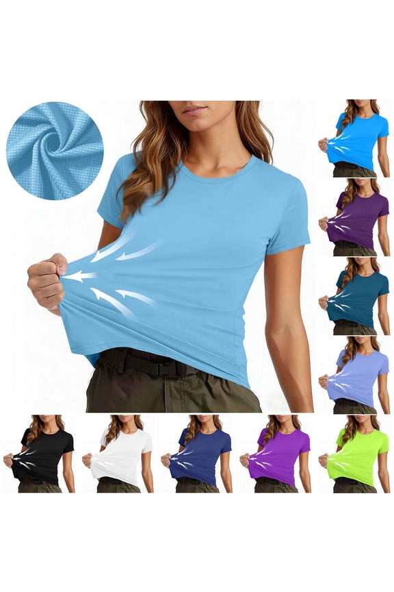 Women's Stretchy Quick Dry Mesh T Shirt Short Sleeve Crew Neck Moisture Wicking Athletic Tops, Workout & Running Activewear Tees Light Blue,L