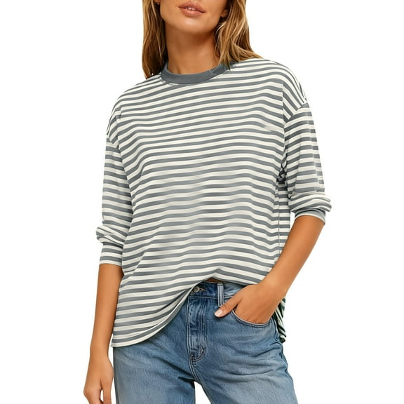 Felirenzacia Women's Striped Sweatshirt, Loose Casual Crew Neck Long Sleeve Off Shoulder Pullover Top, Fall Soft Lightweight Layered Undershirts
