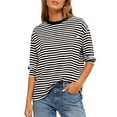 thumbnail image 1 of Felirenzacia Women's Striped Sweatshirt, Loose Casual Crew Neck Long Sleeve Off Shoulder Pullover Top, Fall Soft Lightweight Layered Undershirts, 1 of 7