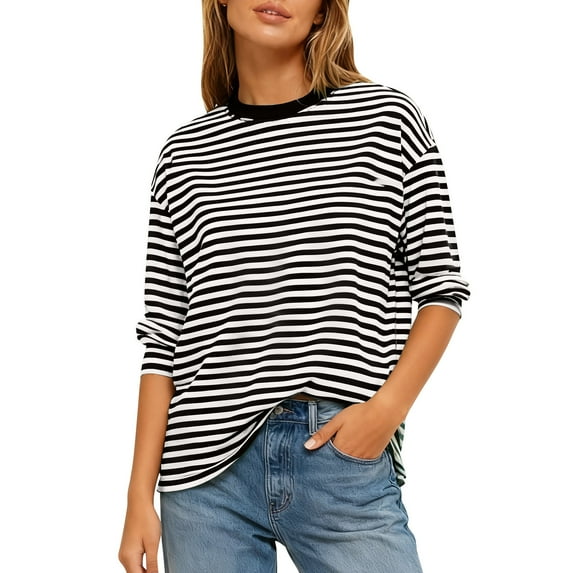Felirenzacia Women's Striped Sweatshirt, Loose Casual Crew Neck Long Sleeve Off Shoulder Pullover Top, Fall Soft Lightweight Layered Undershirts