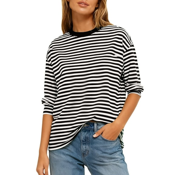 Felirenzacia Women's Striped Sweatshirt, No Boundaries Loose Casual Crew Neck Long Sleeve Off Shoulder Pullover Top, Fall Soft Lightweight Layered Undershirts