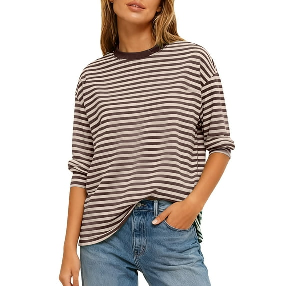 Felirenzacia Women's Striped Sweatshirt, Loose Casual Crew Neck Long Sleeve Off Shoulder Pullover Top, Fall Soft Lightweight Layered Undershirts