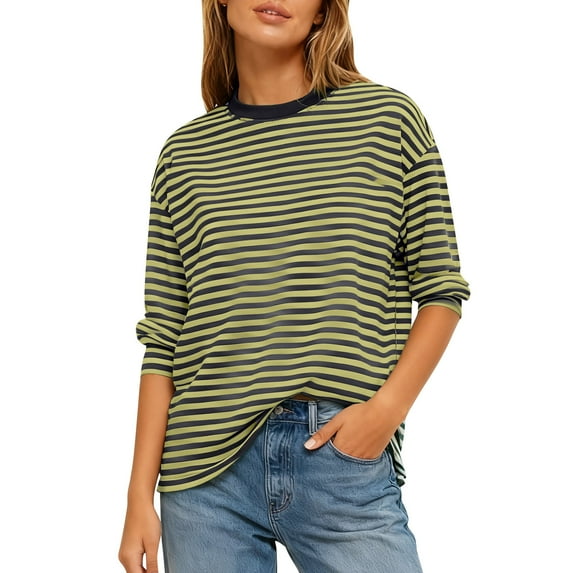 Felirenzacia Women's Striped Sweatshirt, Loose Casual Crew Neck Long Sleeve Off Shoulder Pullover Top, Fall Soft Lightweight Layered Undershirts