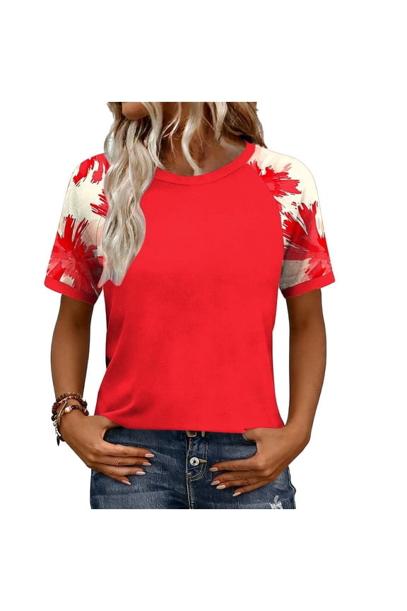 Women's Summer Blouse Crewneck Short Sleeves Pullover Top T Shirt Graphic Boxy Tee for Women's Plus Watermelon Red,S
