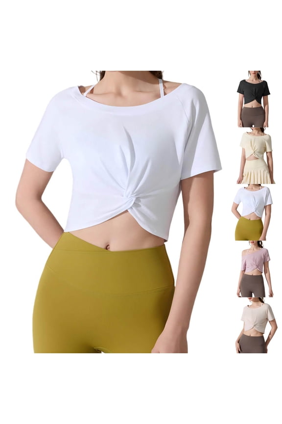 Women's Summer Causal Short Sleeve Blouse Round Neck Crop Tops Twist Front Tee T-Shirt White,M