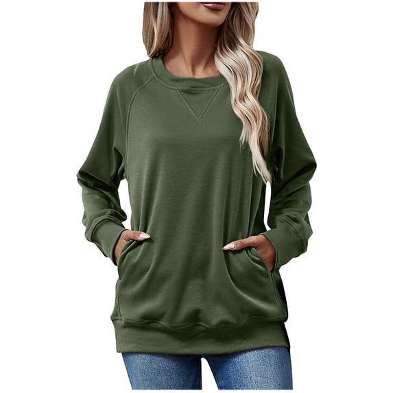 Felirenzacia Women's Sweatshirt with Side Pockets, Hatless Round Neck Solid Color Raglan Casual Loose Pullover Top, S-XL