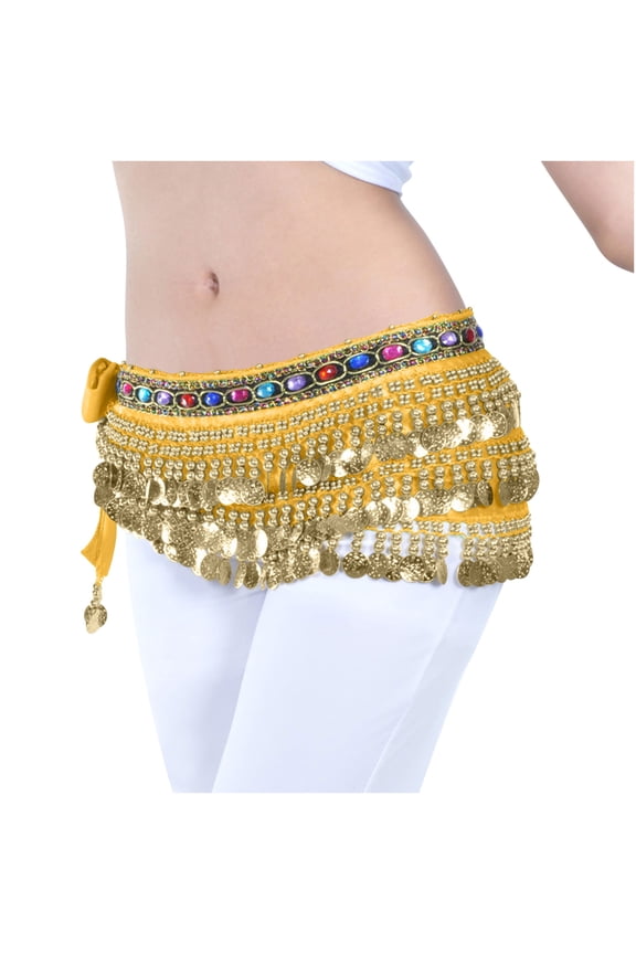 Women's Sweet Bellydance Hip Scarf with Gold Coins Skirts Wrap Noisy, Yellow,Free Size