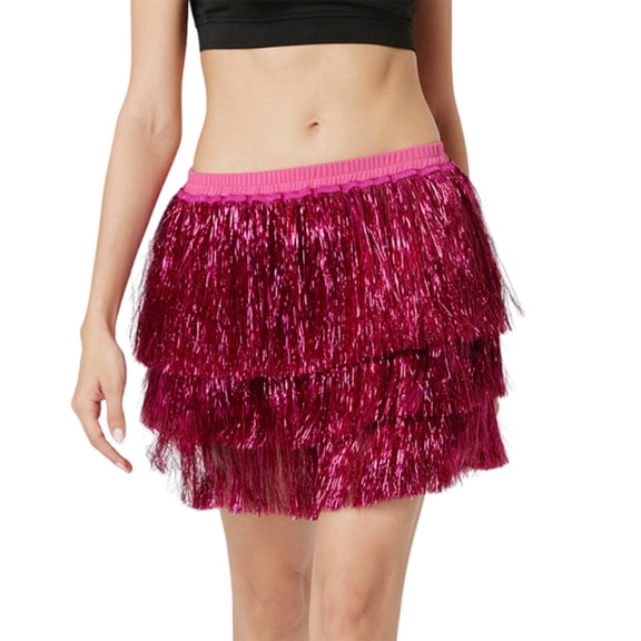 Felirenzacia Women's Tiered Shimmering Tinsel Fringe Skirt Carnival Dance Party Skirt, Elastic Waist 3 Layered Sparkly Tassel Metallic Mini Skirt, Hot Pink,L