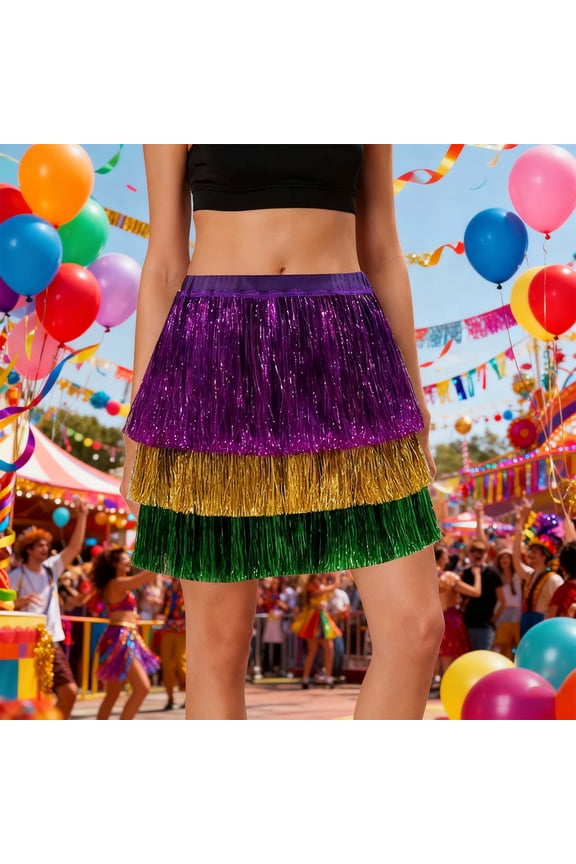 Women's Tiered Shimmering Tinsel Fringe Skirt Mardi Gras Dance Party Skirt, Elastic Waist 3 Layered Sparkly Tassel Metallic Mini Skirt, Multicolor,M