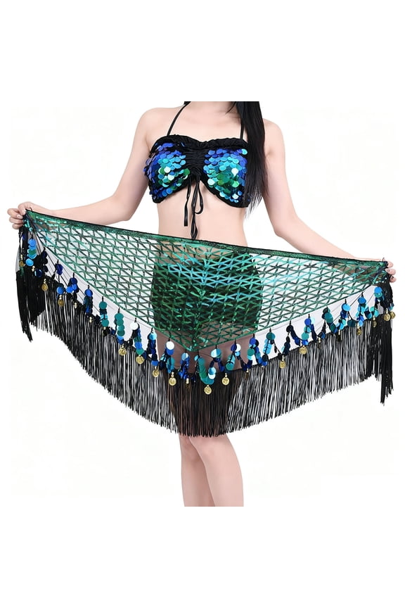 Women's Triangle Mesh Hip Scarf, Tassel Fringe Belly Dance Mini Skirt with Sequin Coin, Green,Free Size