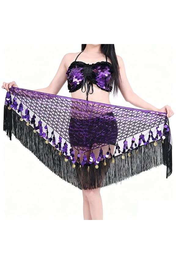 Women's Triangle Mesh Hip Scarf, Tassel Fringe Belly Dance Mini Skirt with Sequin Coin, Purple,Free Size