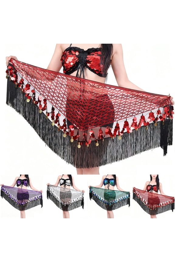 Women's Triangle Mesh Hip Scarf, Tassel Fringe Belly Dance Mini Skirt with Sequin Coin, Red,Free Size
