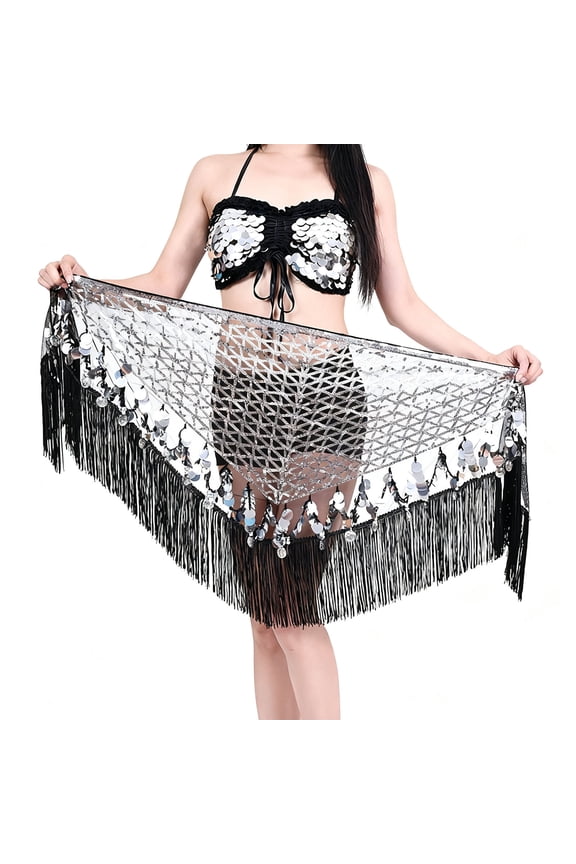 Women's Triangle Mesh Hip Scarf, Tassel Fringe Belly Dance Mini Skirt with Sequin Coin, Silver,Free Size