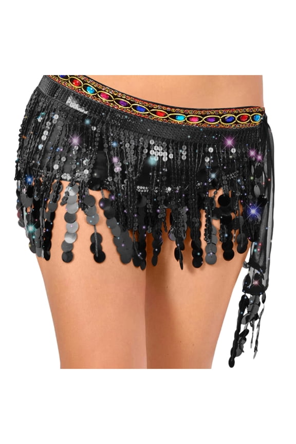 Women's Triangular Belly Dancing Hip Scarf Wrap Skirt with Gold Coins, Black,Free Size