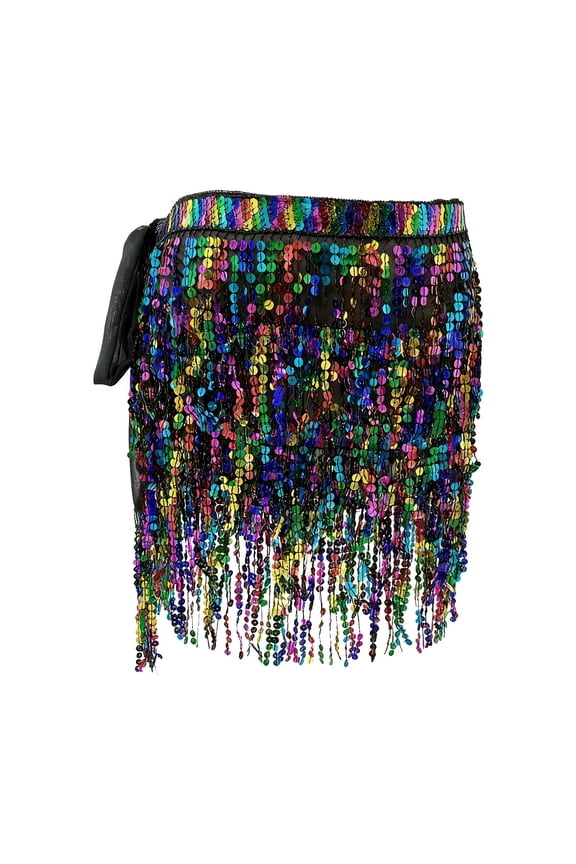 Women's Triangular Belly Dancing Hip Scarf Wrap Skirt with Rainbow Coins Sequin, Black,Free Size