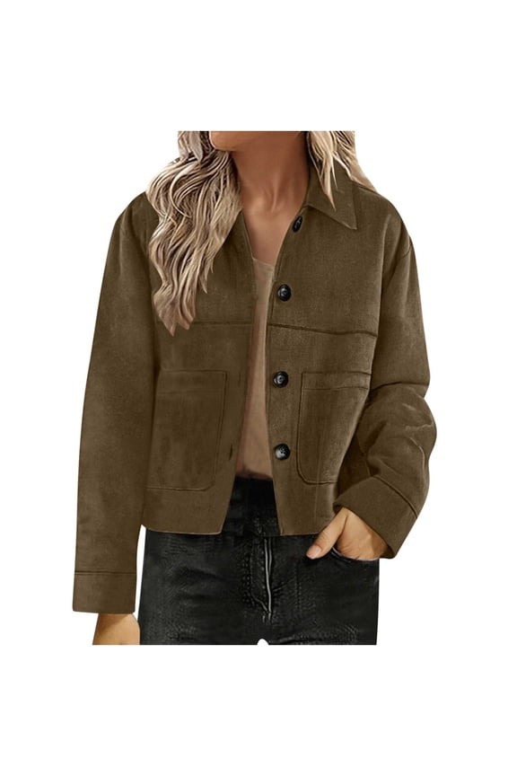Women's Turn-Down Collar Flap Pockets Snap Button Faux Suede Jacket