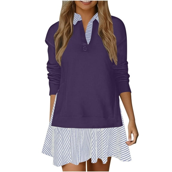 Felirenzacia Women’s Two Piece Layered Look Shirt Dress Long Sleeve Sweatshirt Tunic Top Casual Loose Fit Fall Outfits with Striped Hem, S-2XL