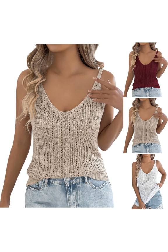 Women's V Neck Crocheted Knitted Tank Top, Casual Boho Summer Sleeveless Top,Khaki,XL