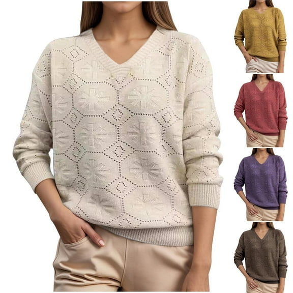 Felirenzacia Women’s V Neck Long Sleeve knit Pullover, Textured Knitwear with Geometric Hexagon Star Pattern, Sweater for Fall Winter Wear