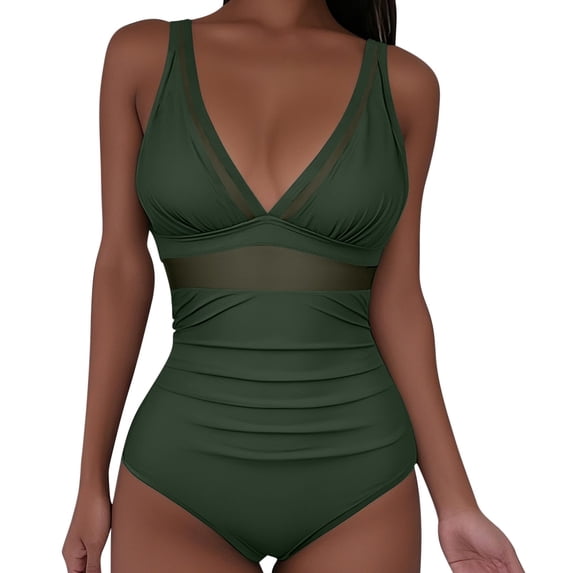 Felirenzacia Women's V Neck One Piece Swimsuit, Athletic Tummy Control Push Up Slimming Ruched Bathing Suit ,Green,L