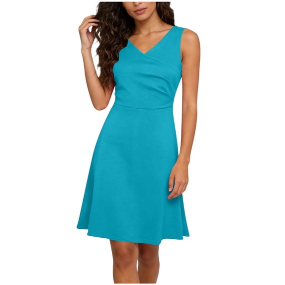 Felirenzacia Women's V Neck Ruched Wrap V Neck Business Work Dress Sleeveless A Line Midi Dress,Light Blue,XXXXL