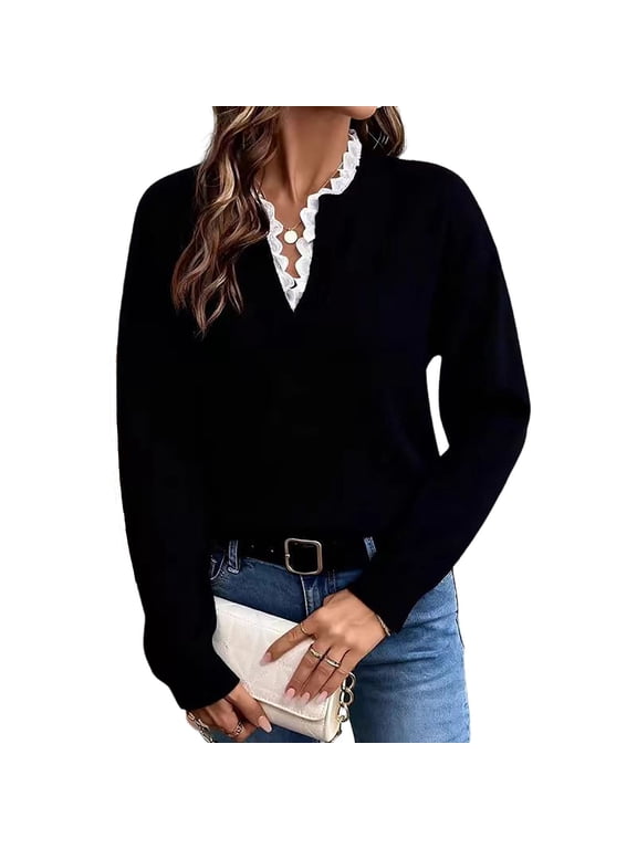 Women’s V Neck Sweater with Lace Trim, Long Sleeve Soft Knit Pullover Top, S-XL