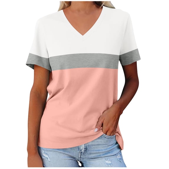 Felirenzacia Women's V Neck Tunic Blouse Color Block Casual Basic T-shirt Summer Loose Comfy Tee Top Baby Pink,M