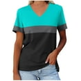 thumbnail image 1 of Felirenzacia Women's V Neck Tunic Blouse Color Block Casual Basic T-shirt Summer Loose Comfy Tee Top Green,3XL, 1 of 3