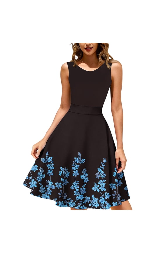 Women's Vintage Floral Flared A-Line Swing Casual Party Cocktail Dresses Sleeveless,Multicolor,L