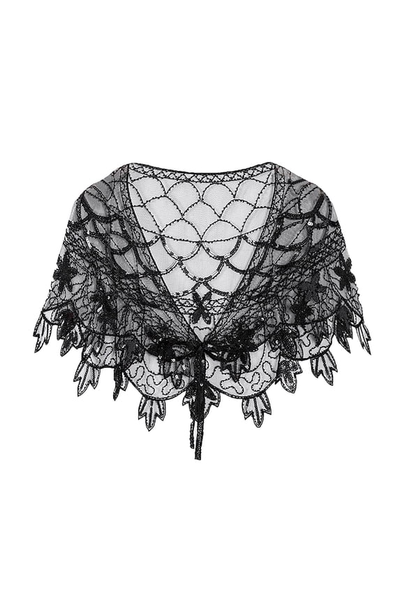 Women’s Vintage Lace Embroidered Shawl Cape – Elegant Floral Sequin Mesh Wrap Scarf for Party, Wedding, Evening Dress Accessory