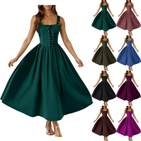 Felirenzacia Women’s Vintage Long Midi Dress, Sleeveless Lace Up Front Fitted Bodice with Wide Straps, Full Flared Skirt, Halloween Party Costume