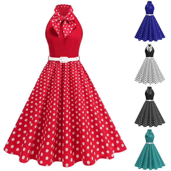 Felirenzacia Women's Vintage Polka Dot A Line Wide Dress With Bow, Wedding Guest Sleeveless Halter Dress, Red,S