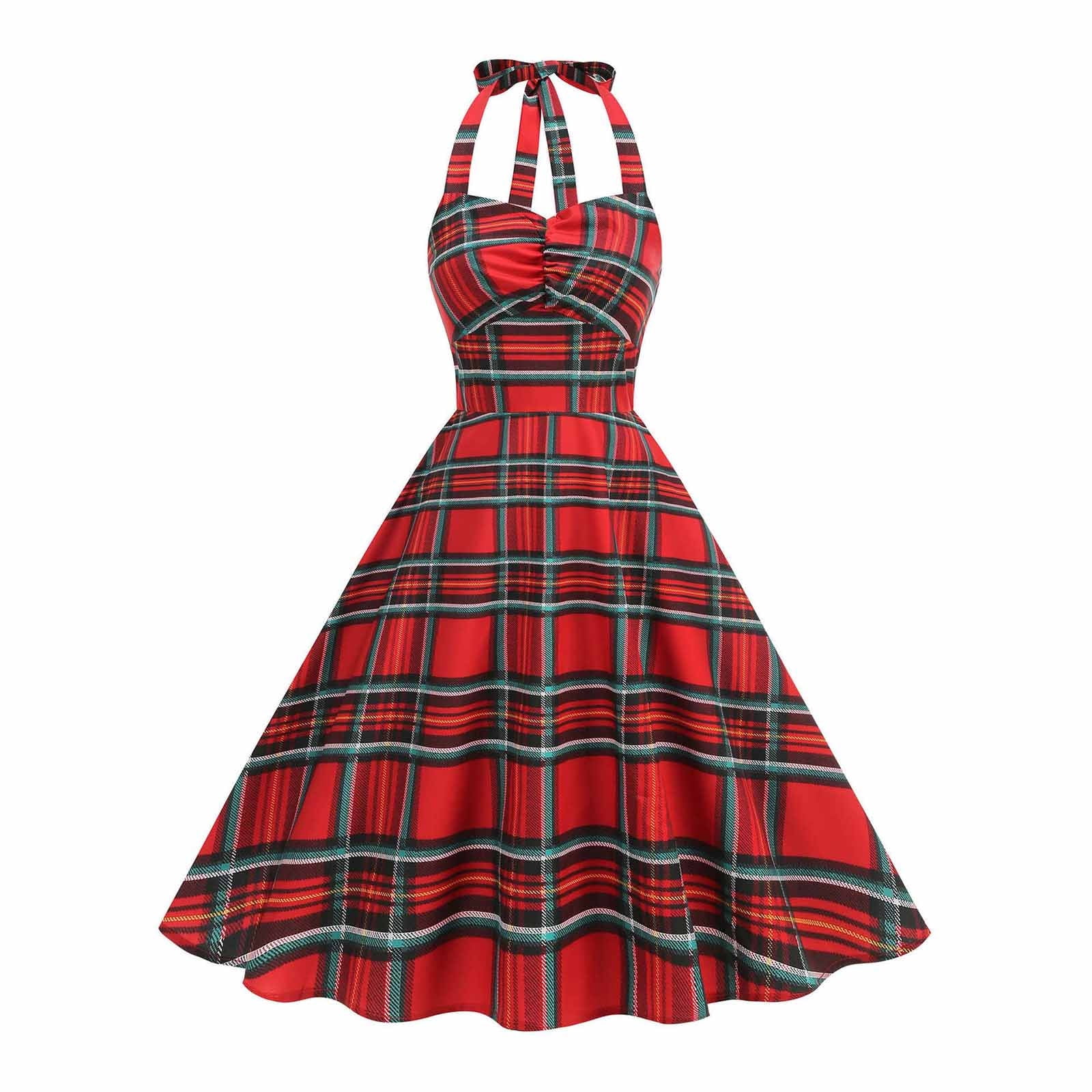 Felirenzacia Women's Vintage Red Plaid Checkered Cinched Waist Dress, Scottish Tartan Halter Dress, Red,XL