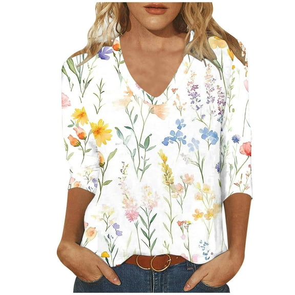 Felirenzacia Women’s White Blouse, V-Neck, Three-Quarter Sleeve Top with Multicolor Floral Print