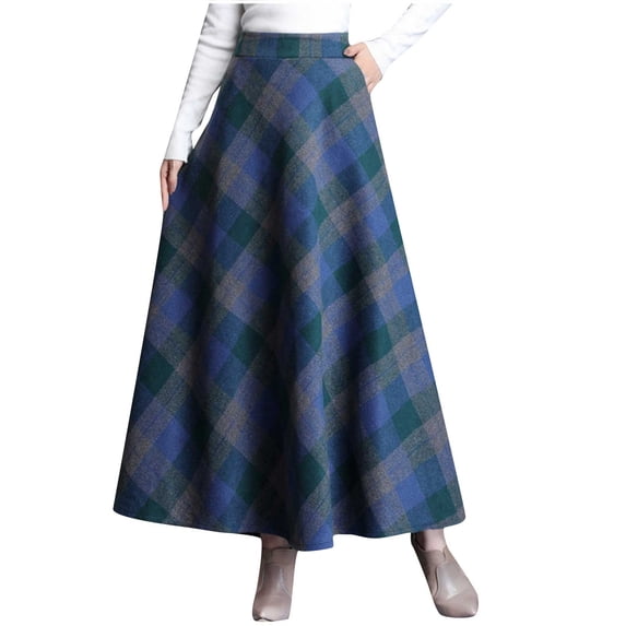 Felirenzacia Women's Wool Plaid Maxi Skirt, High Waist A-Line Long Skirt with Pockets, Fall and Winter Outfit, Office Work Casual Dress