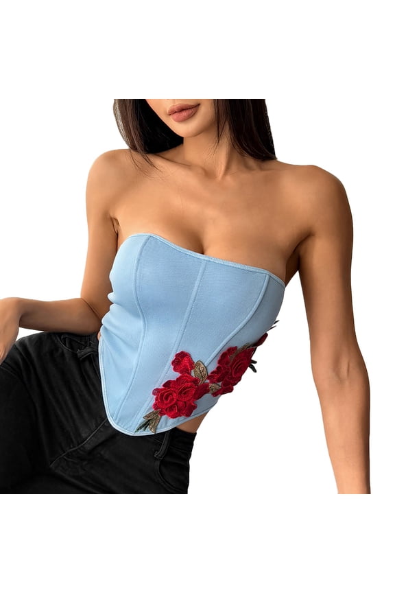 Women's Y2K Vintage Strapless Overbust Corset Top Corset Boned Lace up Back Bodyshaper Crop Bandeau Top,Blue,L