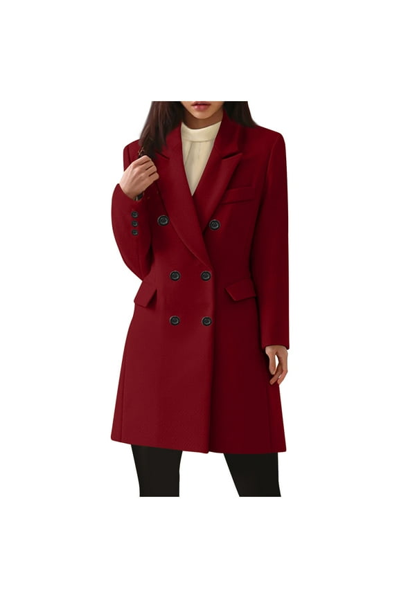 Women's and Big Women's Plus Long Blazer Coat, S-5XL Double Breasted Lapel Collar Button Wool Winter Overcoat for Women