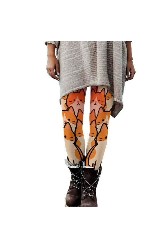 Women’s Halloween Long Pajama Pants Kitty Printed Cat Leggings Skinny Fit Stretch Buttery Soft Athleisure Yoga Pants