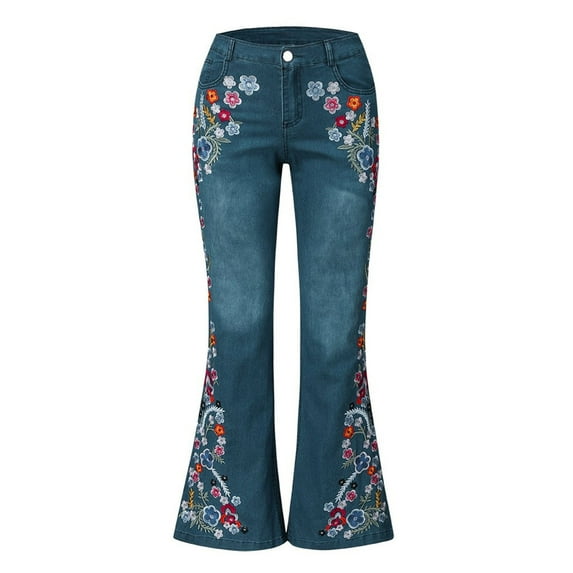 Felirenzacia Women’s and Women’s Plus Flare Jeans,Bootcut Stretchy Slimming Jeggings Vintage Daisy Floral Embroided Pattern Jeans with Pockets