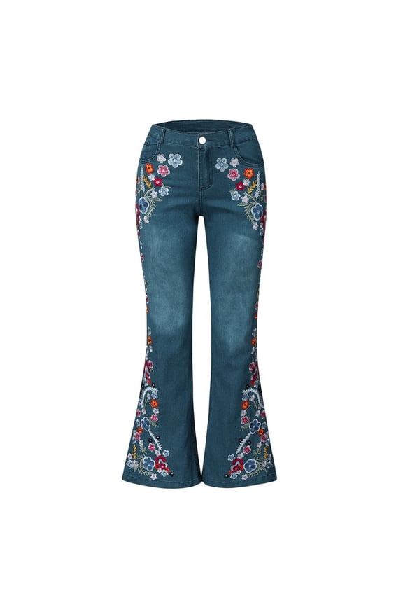 Women’s and Women’s Plus Flare Jeans,Bootcut Stretchy Slimming Jeggings Vintage Daisy Floral Embroided Pattern Jeans with Pockets