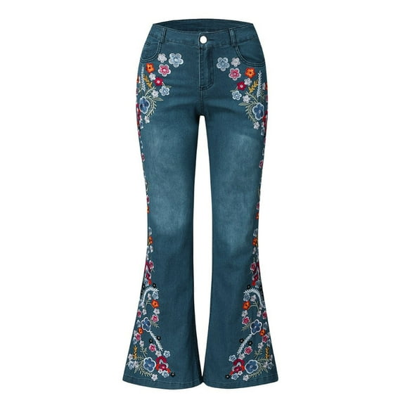 Felirenzacia Women’s and Women’s Plus Flare Jeans,Bootcut Stretchy Slimming Jeggings Vintage Daisy Floral Embroided Pattern Jeans with Pockets