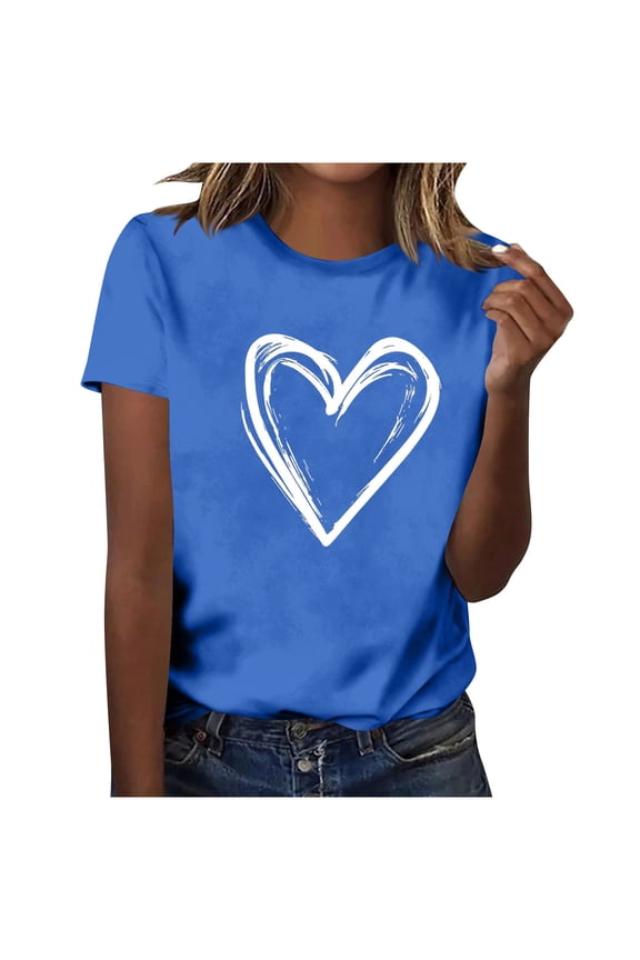 Women's and Women's Plus Heart Graphic Short Sleeves Tee Tops, Summer Casual Cotton T Shirt for Big and Tall Women Blue,L