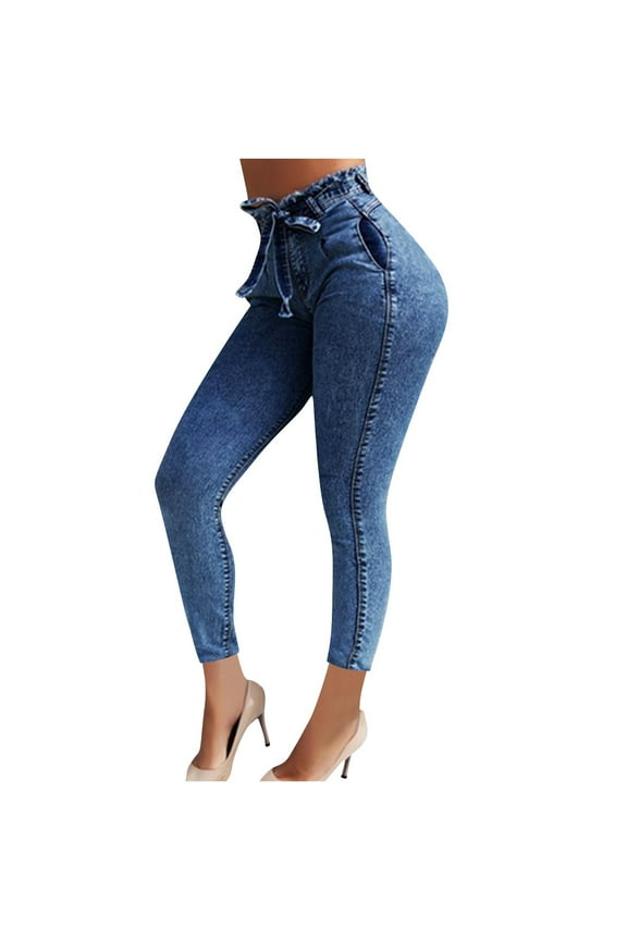 Women's and Women's Plus Stretchy Skinny Jeans, High Waisted Belted Tapered Leg Stretch Denim Jeggings, S-5XL