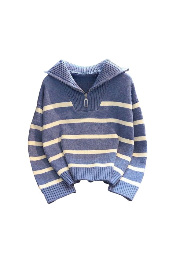 Women’s knit Quarterd Zip Pullover, Faux Collar Stripped Sweashirts, Soft Winter Fall Sweater
