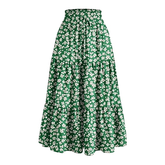 Felirenzacia Womens A Line Long Skirt with Pockets, Summer Boho Flowy Skirt with Drawstring Elastic Waistband, Fall Casual Vacation Wear