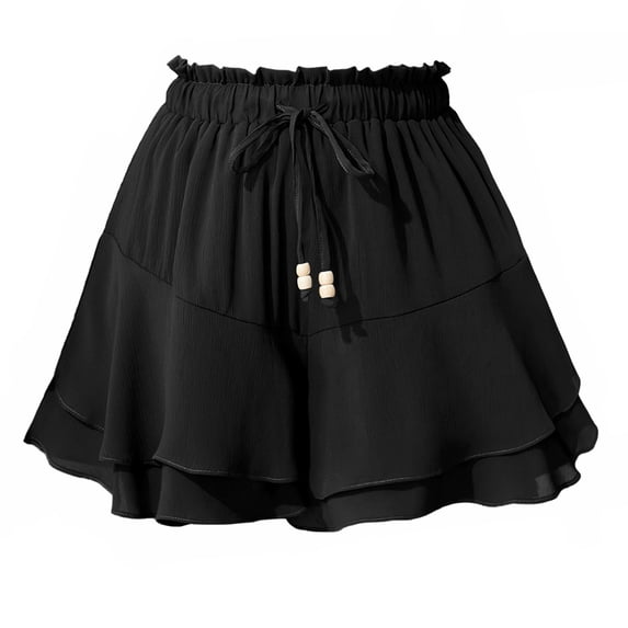 Felirenzacia Womens A Line Ruffle Layered High Waisted Flowy Mini Skirt Casual Lightweight Elastic Drawstring Waist Black,M