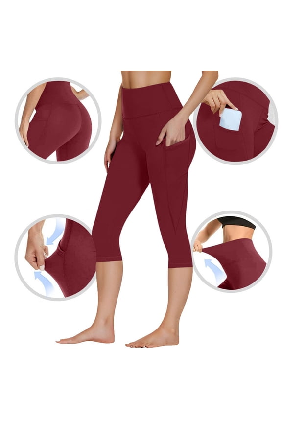 Womens Capri Leggings with Pockets No See Through Butt Lifting Compression Buttery Soft Tummy Control Yoga Pants for Gym Workout